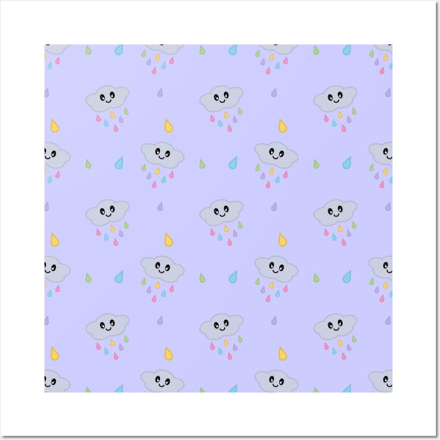 Kawaii Cute Raining Rainbow Clouds Pattern in Purple Wall Art by Kelly Gigi